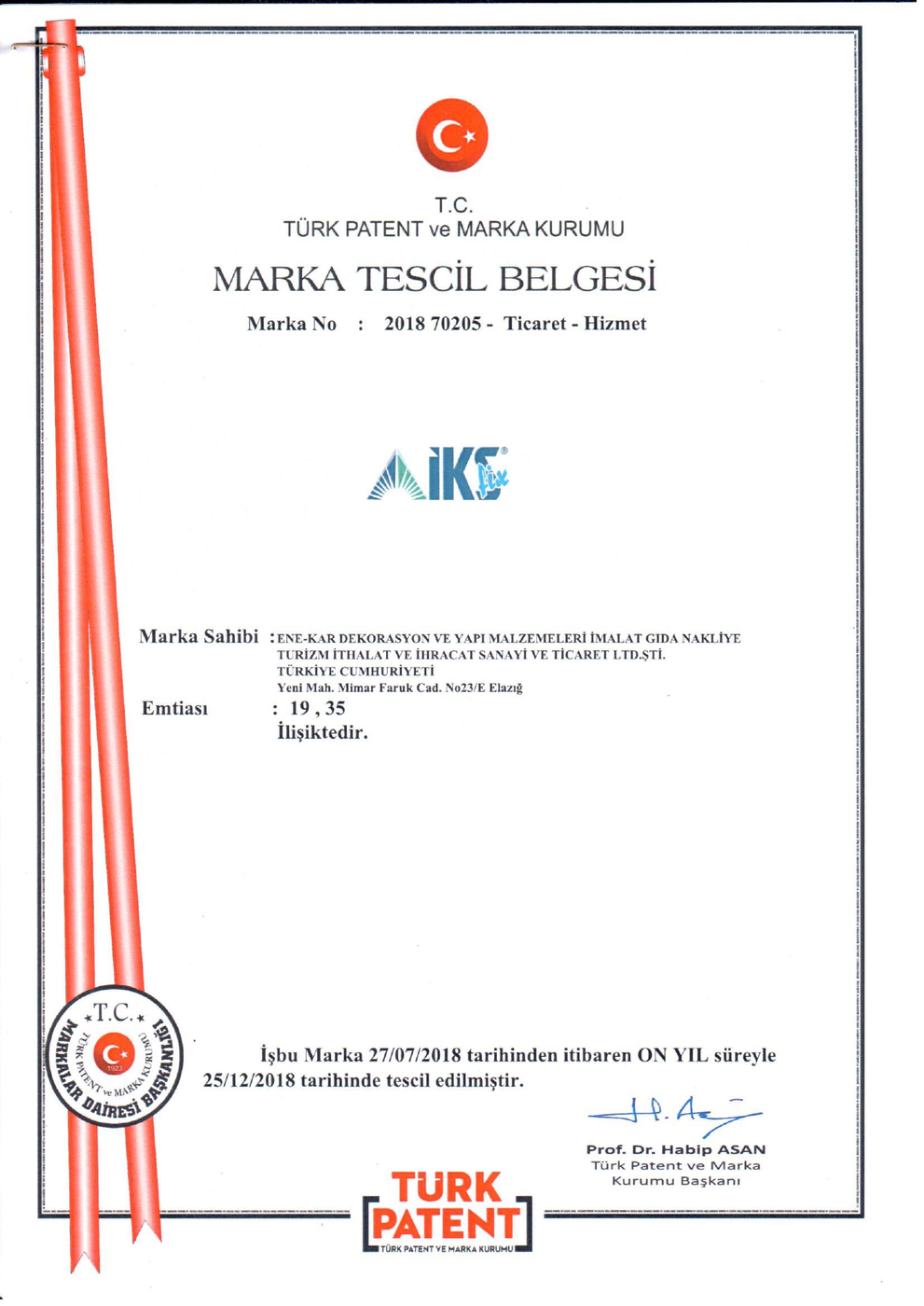 İKS FİX MARKA TESCİL BELGESİ