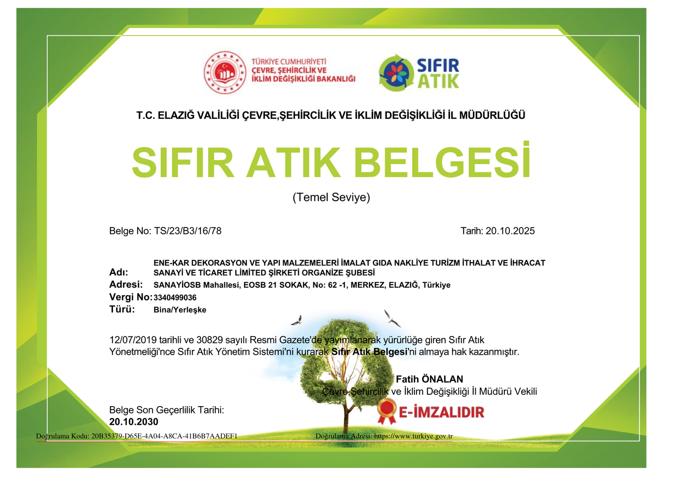 ENE-KAR SIFIR ATIK BELGESİ